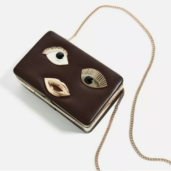 ZARA Minaudiere Gold Face Burgundy Kitschy BAG Crossbody Purse Chain - Picture 4 of 7